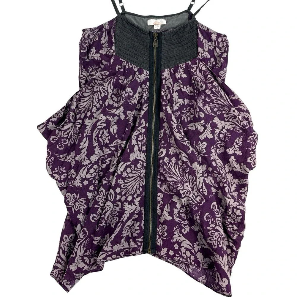 Kaitlyn Purple Floral Handkerchief Hem Cold Shoulder Zip Front Top Size S